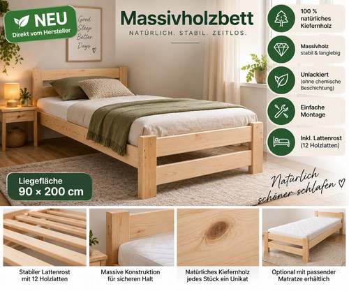 Massivholzbett 90x200 kiefer - massivholzbett,