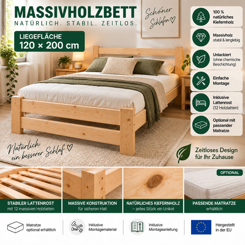 Massivholzbett 120x200 kiefer - massivholzbett,