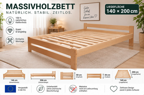 Holzbett 140x200 kiefer - holzbett, natur